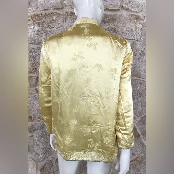 Vintage 1960s Chinese Satin Blue Yellow Reversible Floral Jacket Frog Closures - Picture 13 of 16